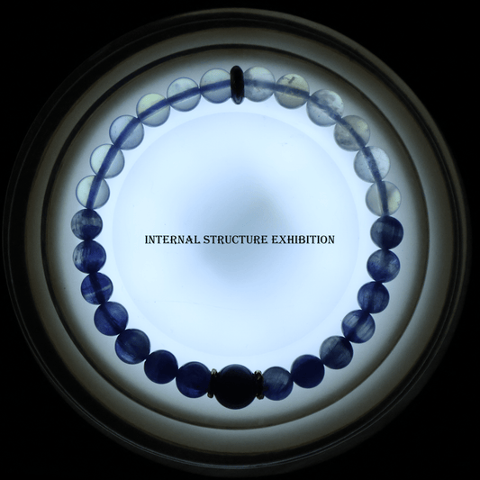 Kyanite & Aquamarine & Blue Moonstone Bracelet I on white background, which shows its internal structure