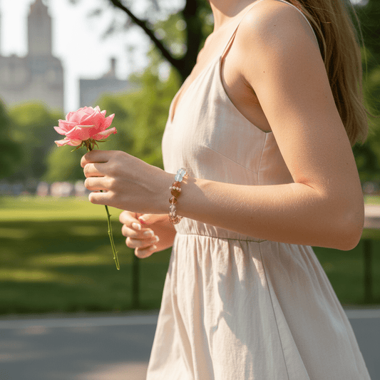 A young lady wears a Yellow TaJing & Aquamarine Bracelet I