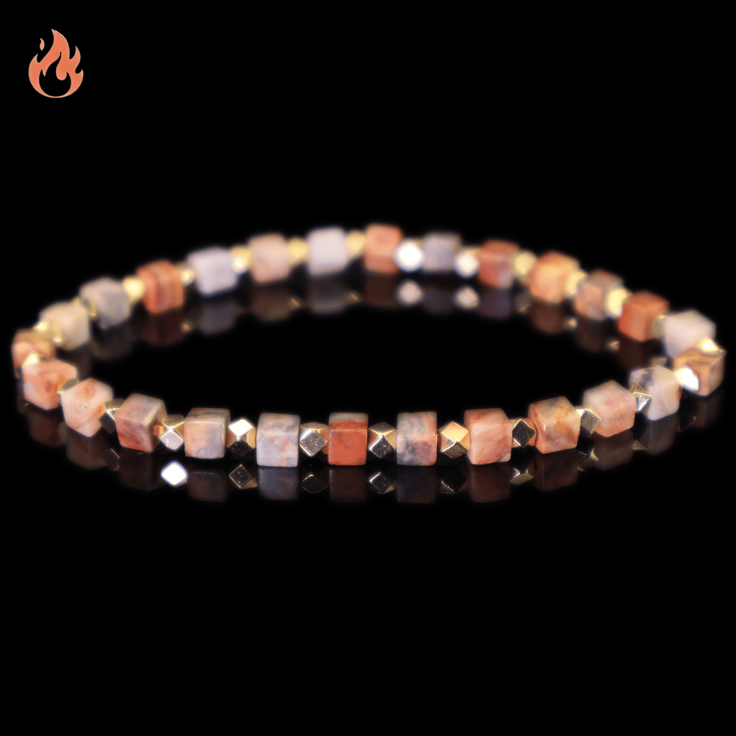 Colorful Crazy Agate Bracelet I (Cube-Cut Craft) with gold-plated sterling silver cubes on a black background