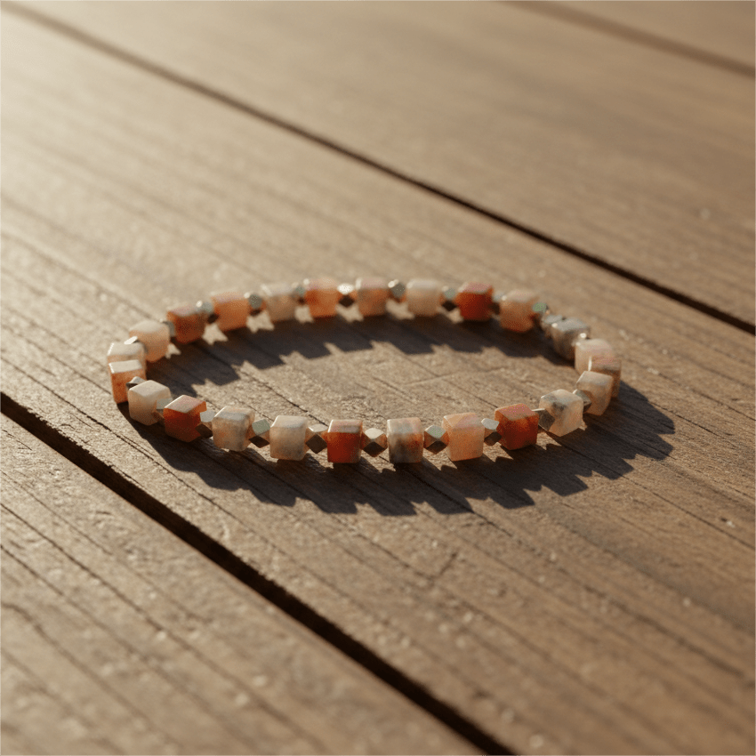 Colorful Crazy Agate Bracelet I with gold-plated sterling silver cubes resting on a wooden surface in warm sunlight