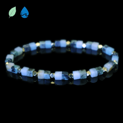 Multi-Green Amazonite Bracelet I (Cube-Cut Craft) with gold-plated sterling silver cubes on a black background