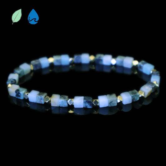 Multi-Green Amazonite Bracelet I (Cube-Cut Craft) with gold-plated sterling silver cubes on a black background