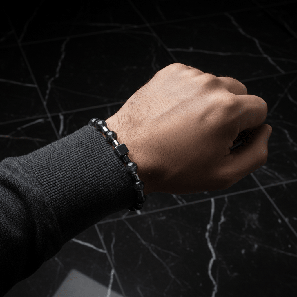 A fashion man richer wears a Black Rutile & Hematite Bracelet I