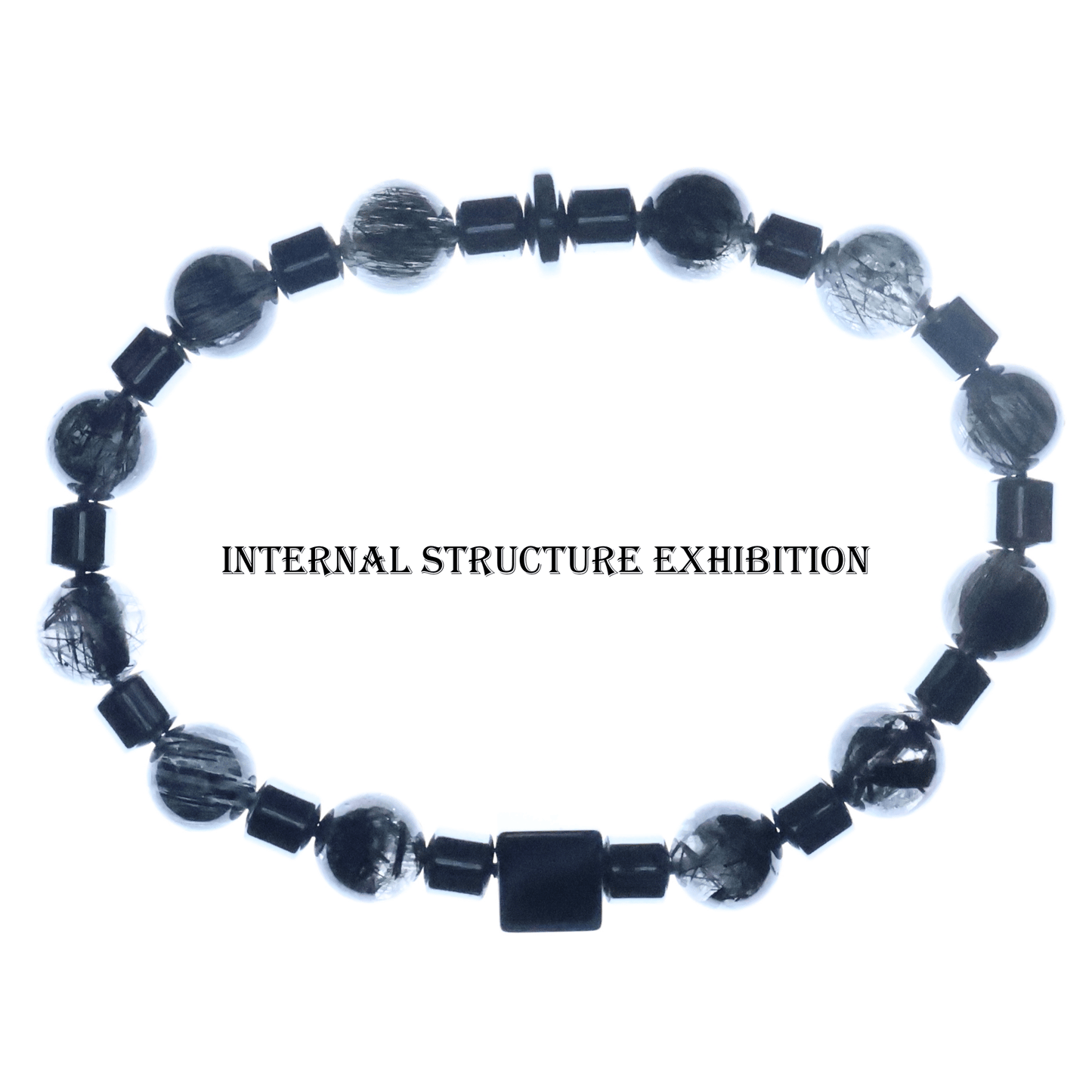 Black Rutile & Hematite Bracelet I on white background, which shows its internal structure