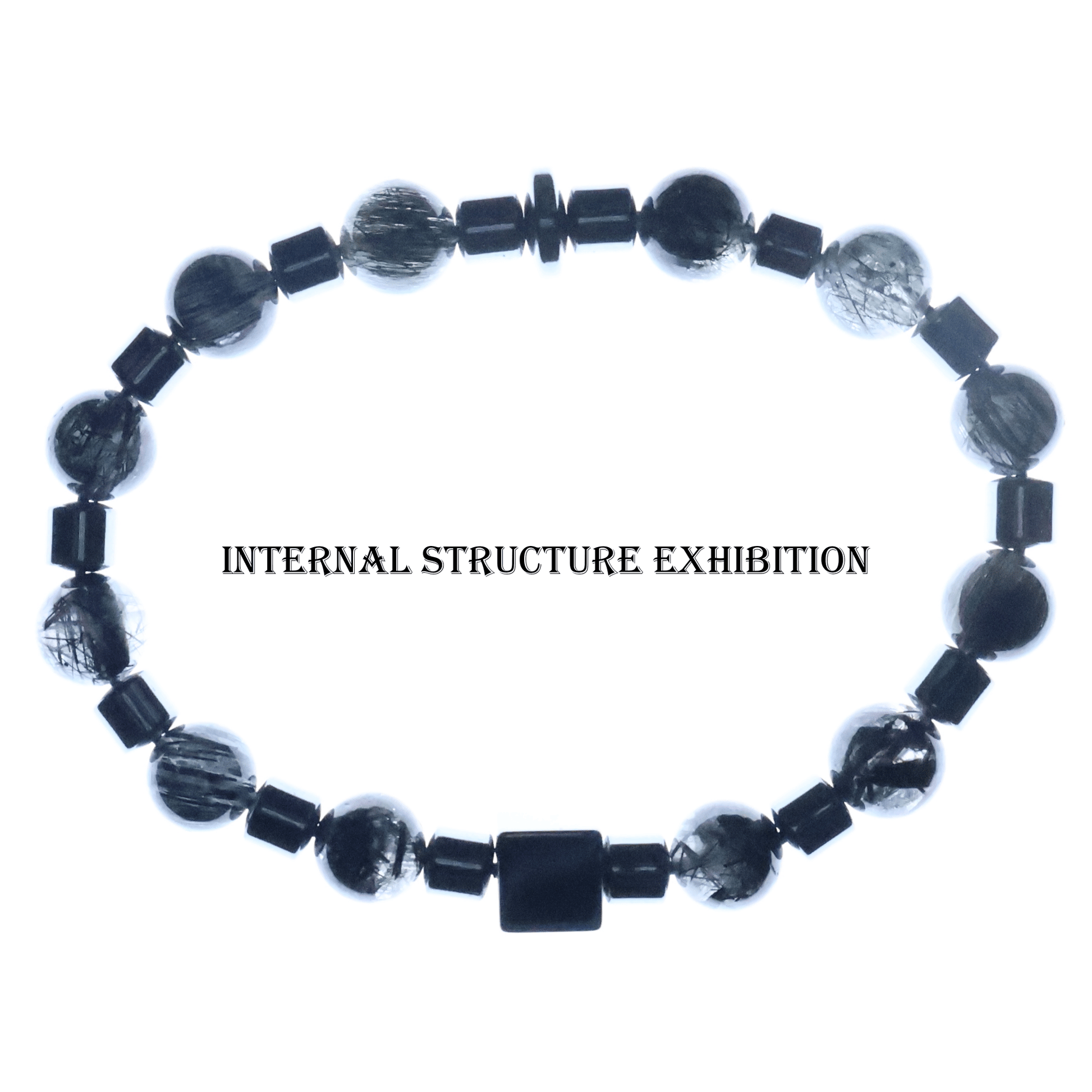 Black Rutile & Hematite Bracelet I on white background, which shows its internal structure