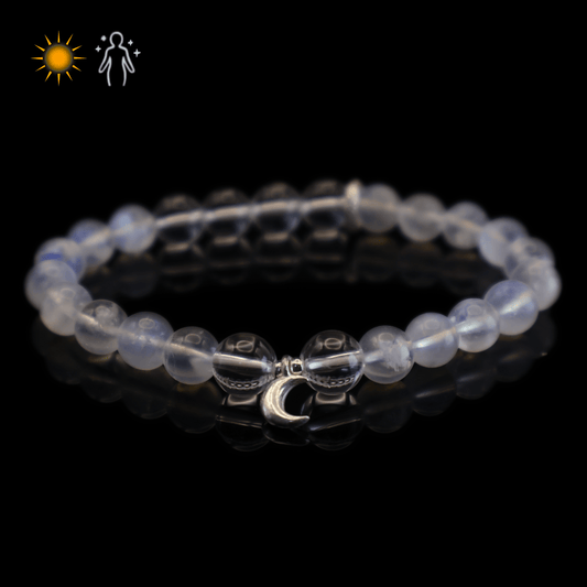 Blue Moonstone & Clear Quartz Bracelet I on black background