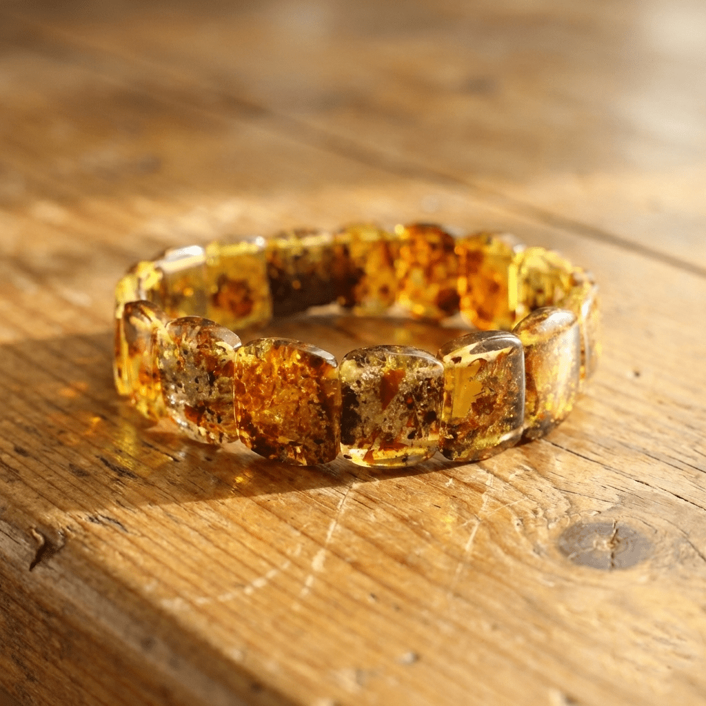 Flower Amber Bracelet I (card-shaped) on the desk under the sunshine light