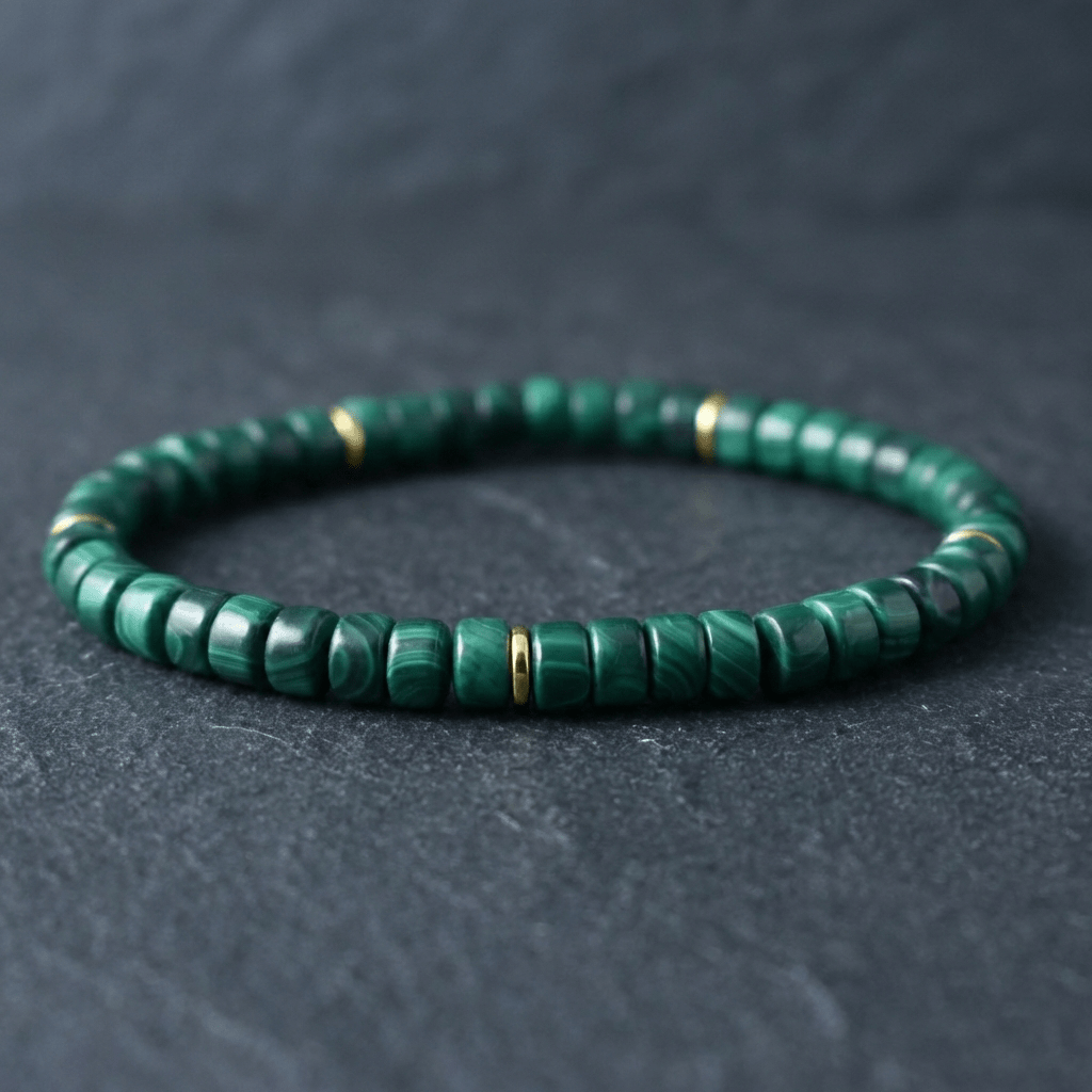 Malachite Bracelet I (straight-cut) on gray stone slabs