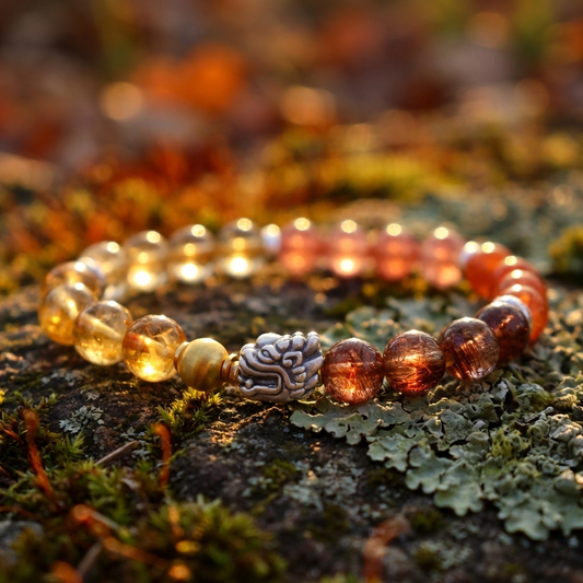 Mix Crystal Bracelet with Dragon I (Straight-cut) on a rock where is on jungle under the sunshine light