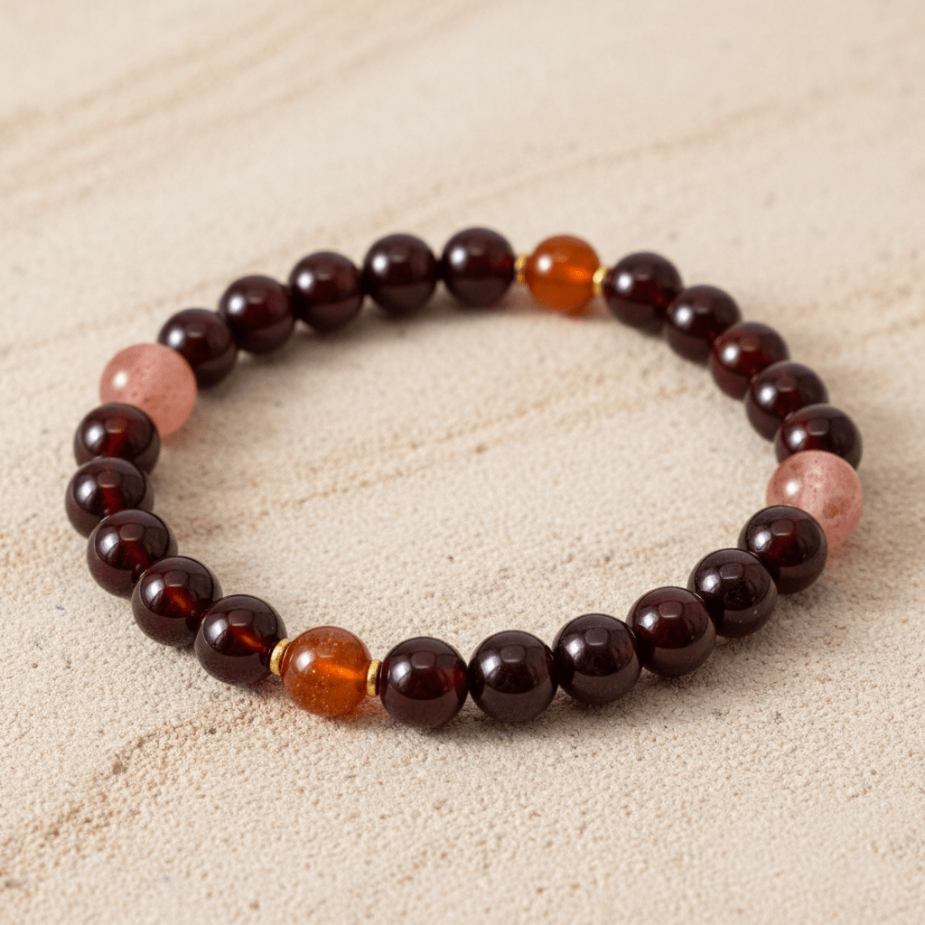 Red & Orange Garnet Bracelet I on wood desk