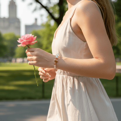A young lady wears a Yellow TaJing & Aquamarine Bracelet I
